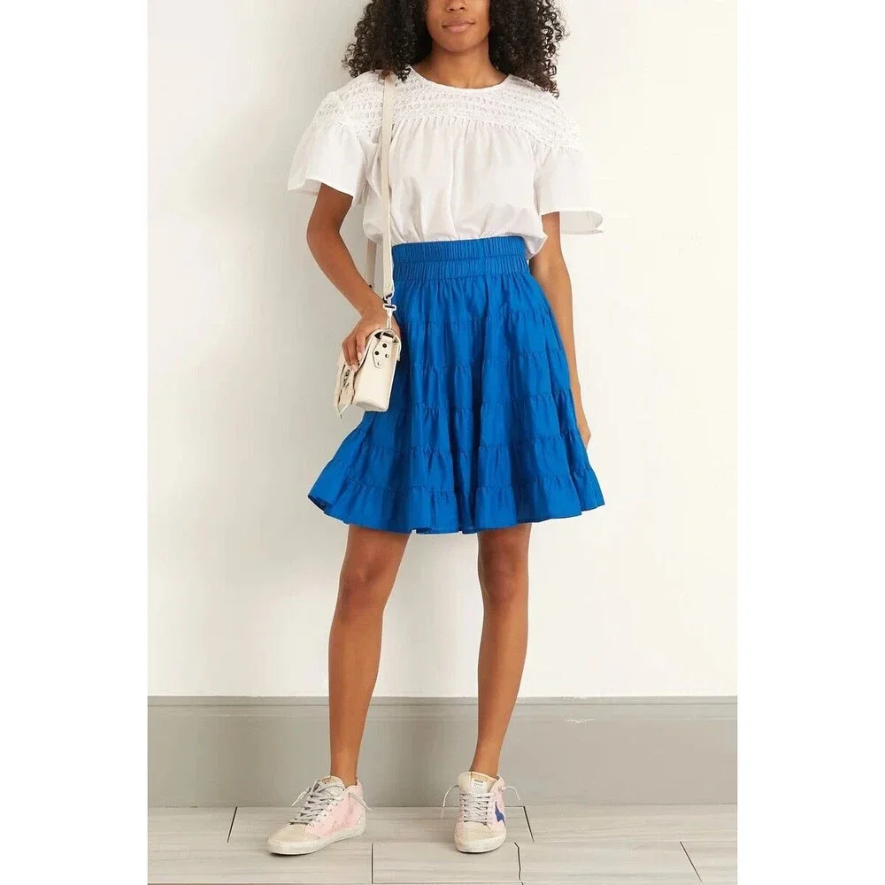 Merlette NYC Texel Skirt Tiered High Waisted Solid Pull-On Cotton M 263609